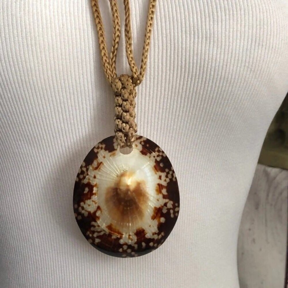 Long Tan Cord Necklace with Oval Shell Focal - Picture 2 of 7